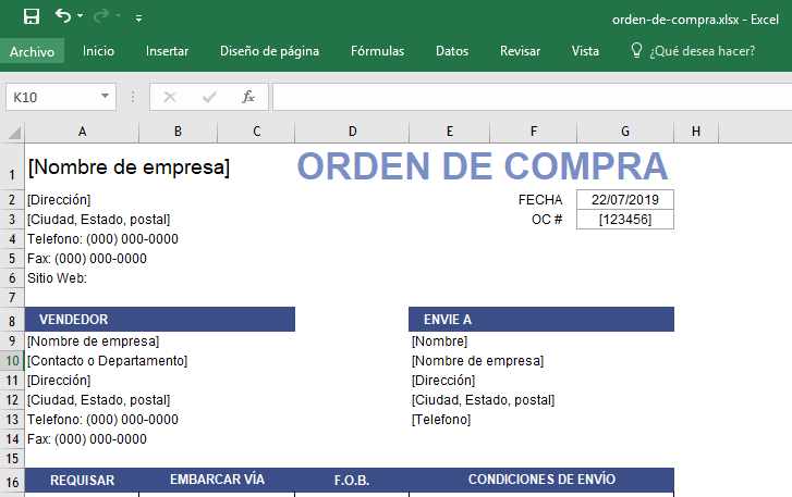 formulario de orden de compra en Excel Perú